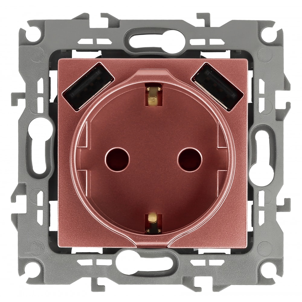 Розетка ЭРА 12410914 2PE 16A 250В, шторки, с 2xUSB 5В 3А, Эра12, медь 10/100/2000 Б0047848