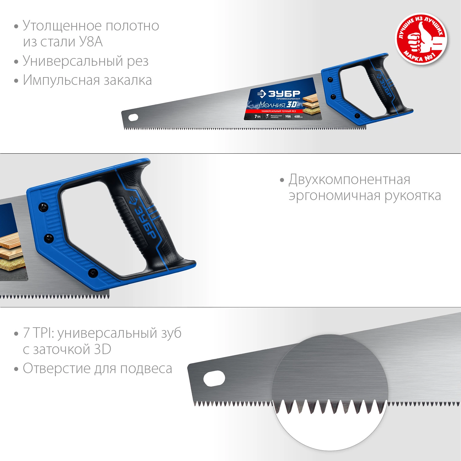 ЗУБР 7 TPI, 450мм, ножовка универсальная (пила) МОЛНИЯ-3D 15077-45_z01