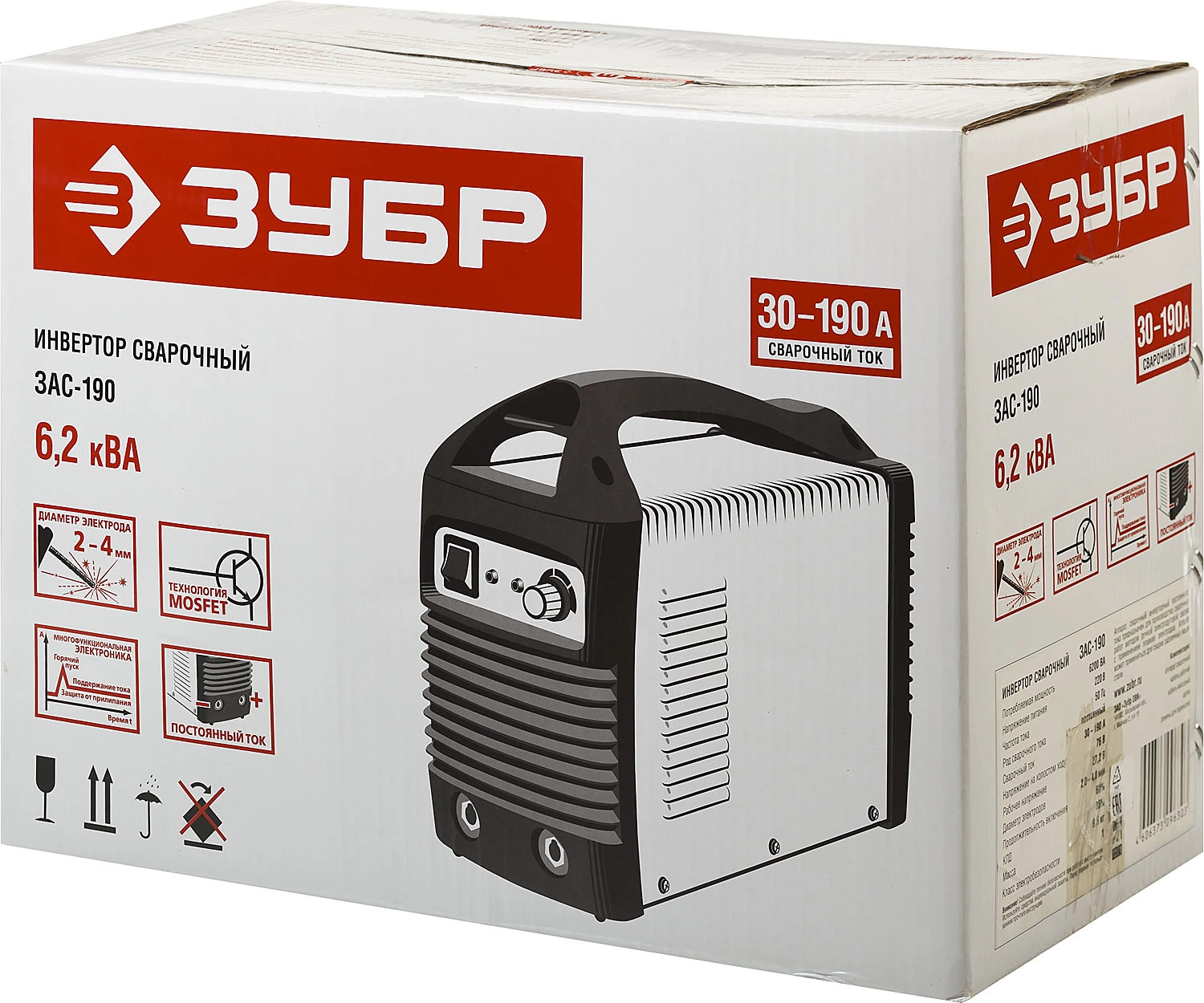 ЗУБР 20-190А, ММА, MOSFET, инвертор сварочный ЗАС-190