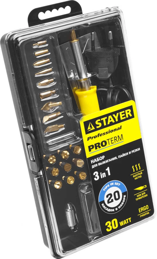STAYER 30 Вт, 20 насадок, прибор для выжигания 3 в 1 45227
