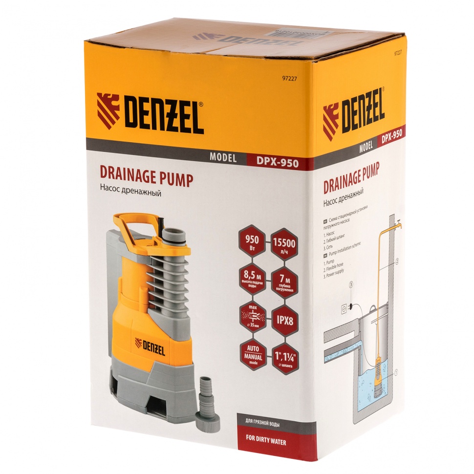 Дренажный насос DPХ950, Х-Pro, 950 Вт, подъем 8.5 м, 15500 л/ч Denzel