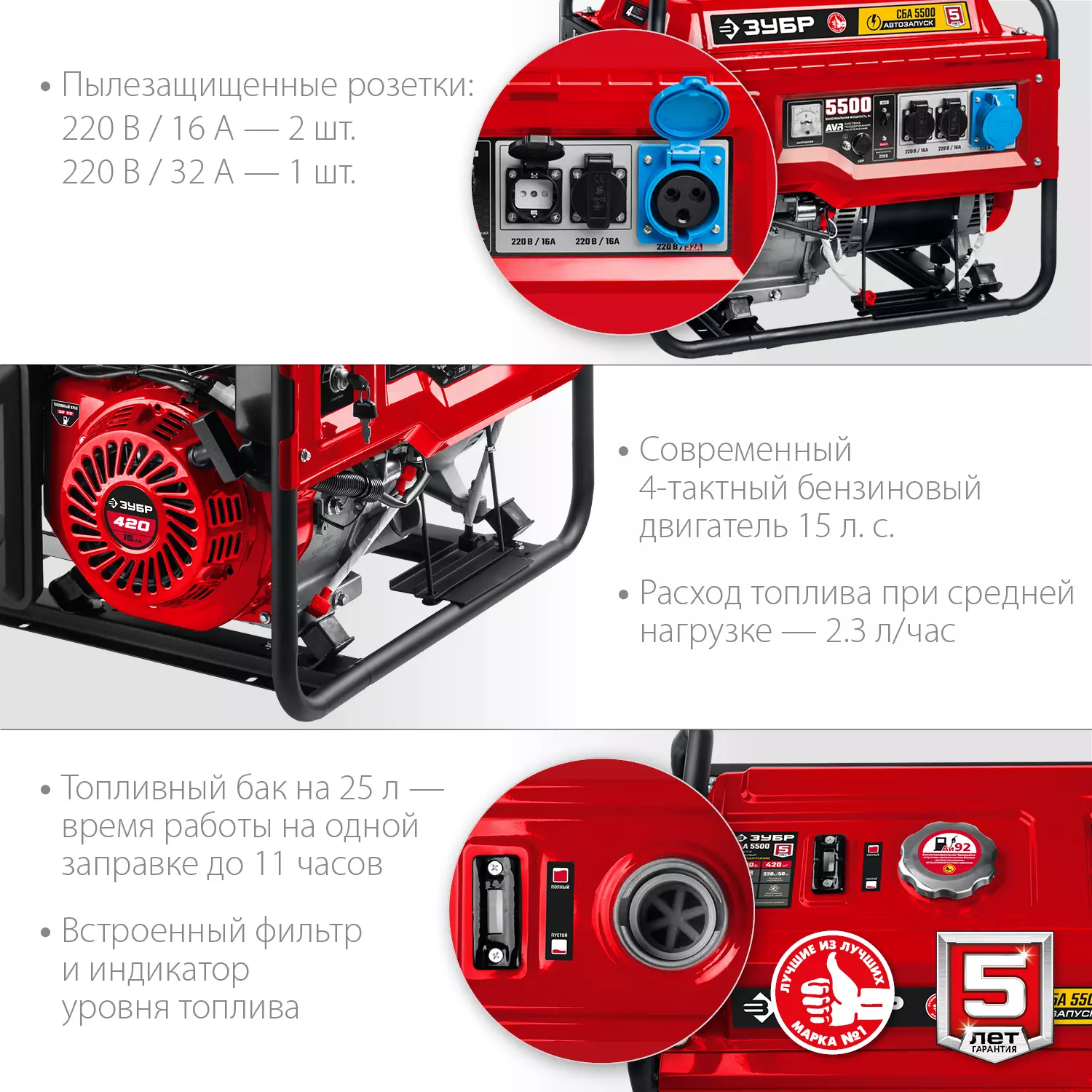 ЗУБР 5.5 кВт, с автозапуском, бензиновый генератор СБА-5500 Мастер