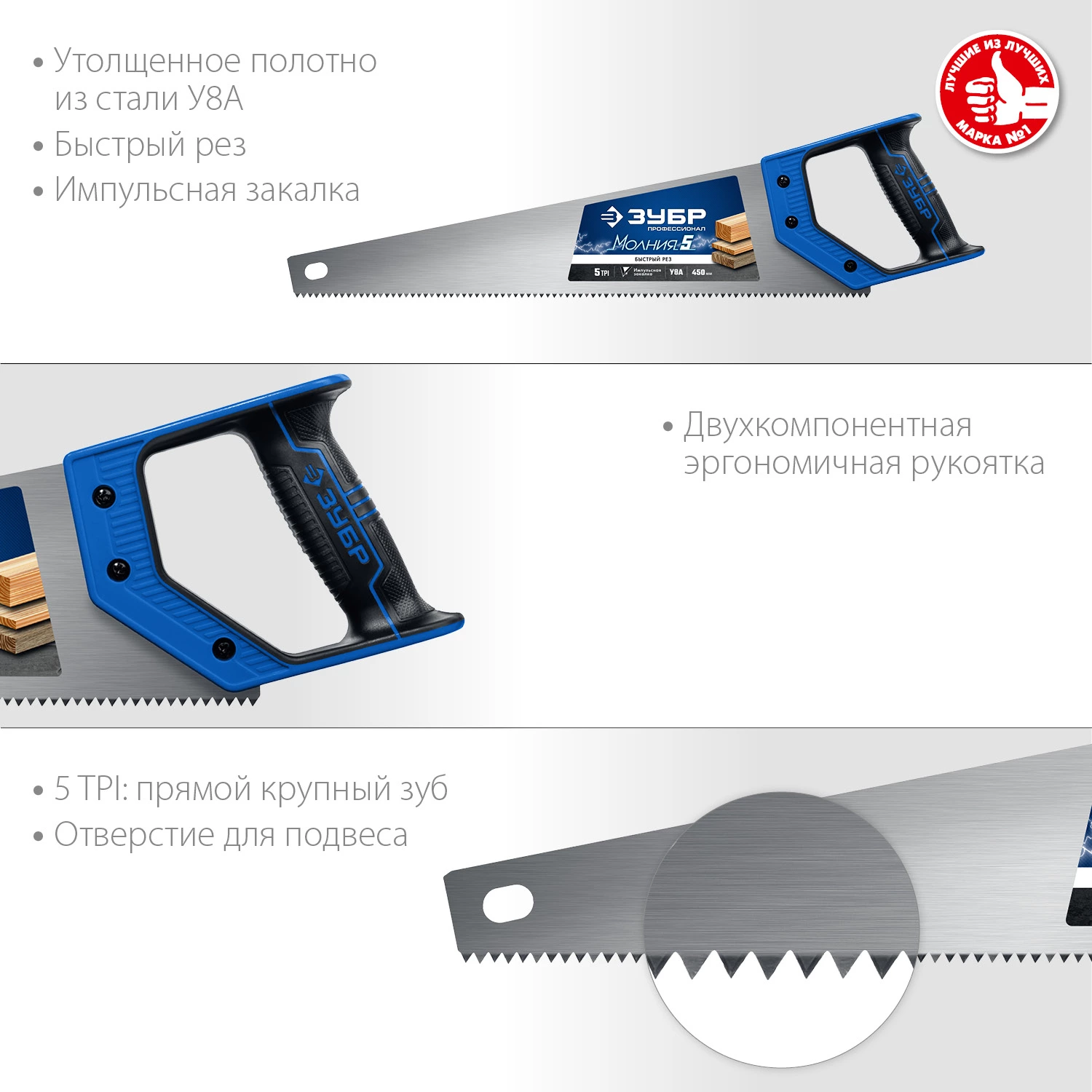 ЗУБР 5 TPI, 450 мм, ножовка по дереву (пила) МОЛНИЯ-5 15075-45_z02
