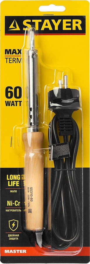 STAYER 60 Вт, 220 В, клин, деревянная рукоятка, электропаяльник Maxterm 55310-60 Master