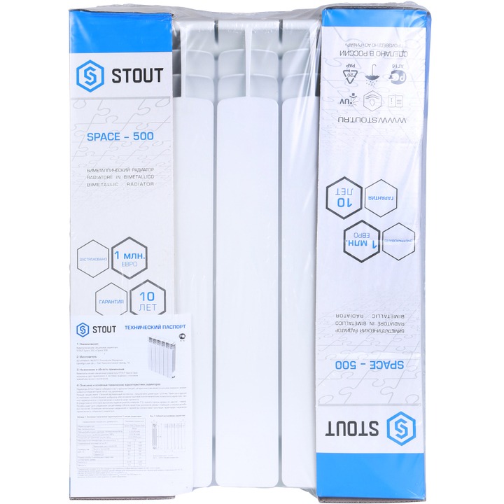 SRB-0321-050004 STOUT Space 500 4 секции радиатор биметаллический нижнее левое подключение RAL9016