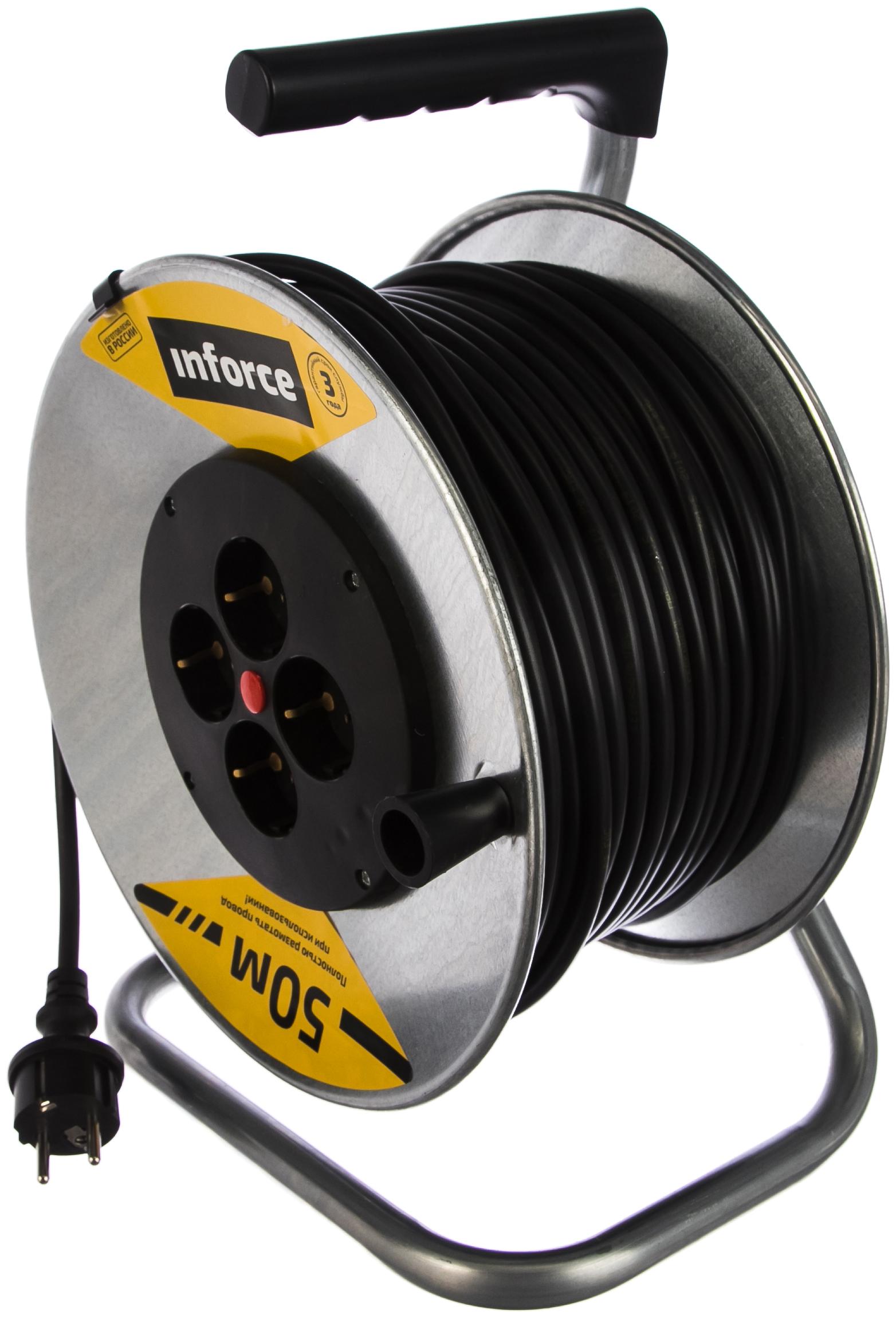 Inforce  Удлинитель силовой на металл.кат. К4-Е-50ПВС 3x1.5 50м 16А, 4 встр. розетки с з/к 40150
