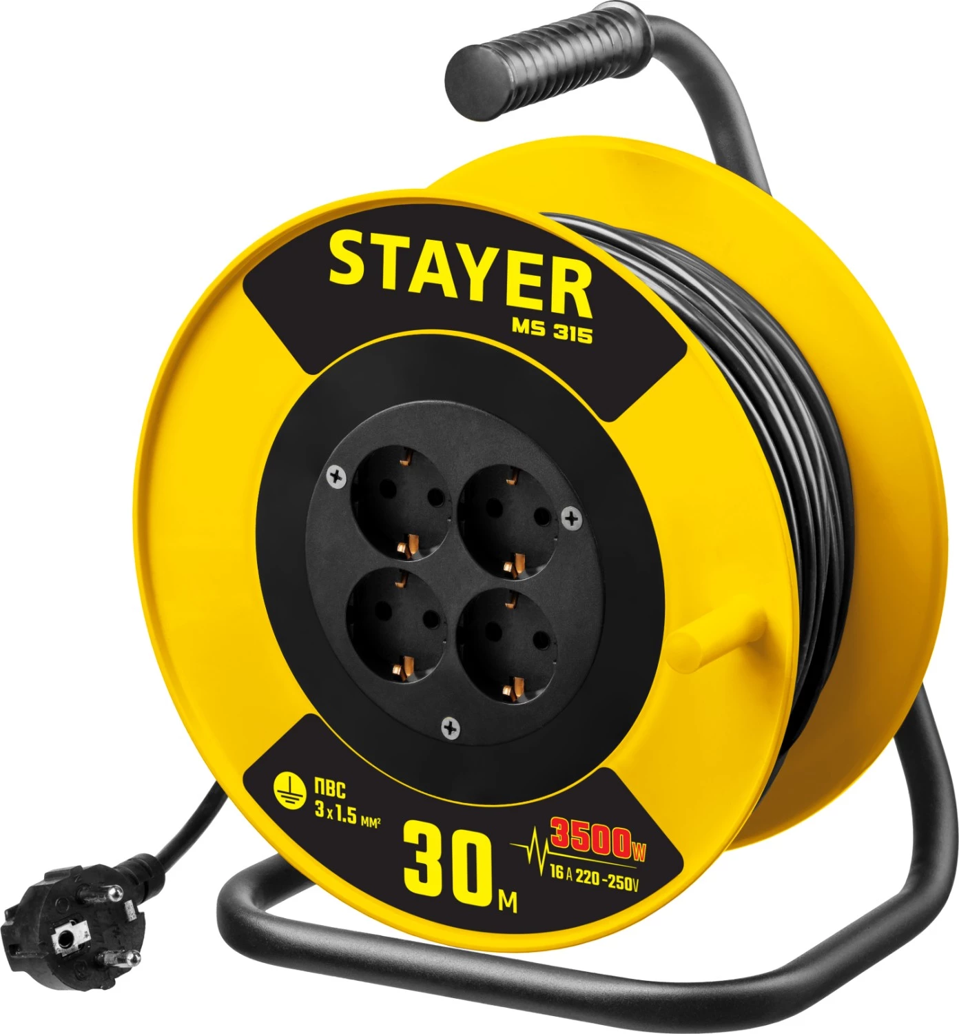 STAYER 30 м, 3500 Вт, заземление, 4 гнезда, ПВС 3x1,5 кв мм, удлинитель на катушке 55078-30